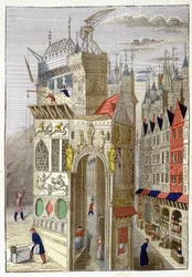 Ansicht einer Straße in Paris im 15. Jahrhundert, mit ihren Fachwerkhäusern und einer im Bau befindlichen Kirche