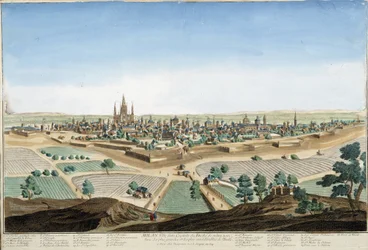 Ansicht der Stadt Mailand, Italien mit der Kathedrale und den Befestigungen. Gravur aus dem 18. Jahrhundert.
