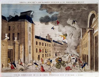 Ansicht der Explosion der Höllenmaschine in der Rue Saint Nicaise in Paris am 3. Nivose Jahr IX. Die Verschwörung der Höllenmaschine war ein Attentat auf Napoleon Bonaparte, den neuen Ersten Konsul nach dem Staatsstreich vom 18. Brumaire.