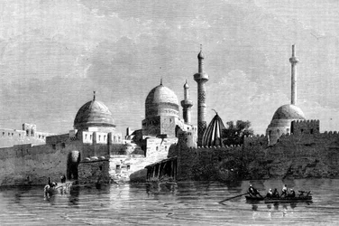 Ansicht der Moschee von Mosul (Ninive) im Irak. Gravur aus dem 19. Jahrhundert