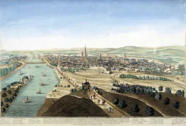 Ansicht des Hafens und der Stadt Rouen; Gravur des 18. Jahrhunderts