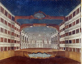 Ansicht des Theaters San Samuele in Venedig, das 1747 durch Feuer zerstört wurde. Zeichnung aus dem 18. Jahrhundert