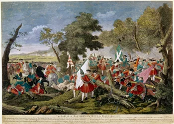 Spanischer Erbfolgekrieg (1701-1714): Ansicht der Schlacht von Malplaquet nahe Mons an der französisch-belgischen Grenze 11/09/1709 zwischen französischen und spanischen Truppen und einer englisch-niederländisch-österreichischen Koalition - Drucke von 1709