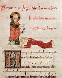 Fußwaschung: Maria Magdalena lehnt an den Füßen Christi Miniatur aus einem Graduale Antiphonar (12. Jahrhundert)
