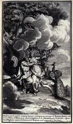 Während der Kampf weiterhin zugunsten der Trojaner verläuft, benutzt Juno den Gürtel der Venus, um Jupiter zu bezaubern, und Schlaf, um ihn einzuschläfern. Neptun belebt jedoch die Griechen wieder und die Trojaner werden zurückgedrängt. Illustration aus Bu