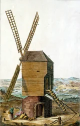 Windmühle. Gravur aus dem 18. Jahrhundert