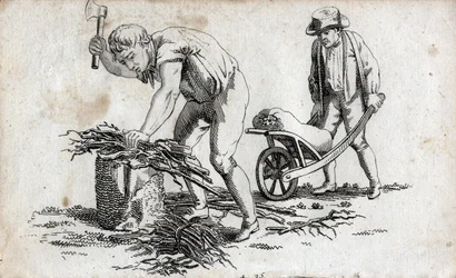 Holzfäller, die Holz bündeln, und ein Mann, der Bündel auf einer Schubkarre trägt. Gravur Ende des 18. Jahrhunderts. Private Sammlung