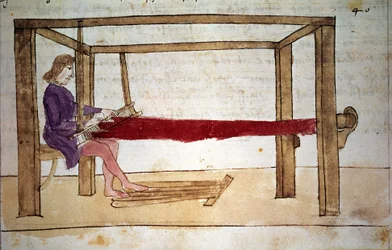 Wollweberei. Miniatur aus einer Handschrift des 14. Jahrhunderts. Florenz, Biblioteca Nazionale