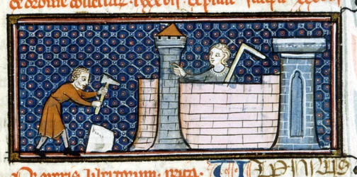 Arbeiter, die ein befestigtes Kloster bauen, Miniatur aus der Mitte des 13. Jahrhunderts. Biblioteca Trivulziana