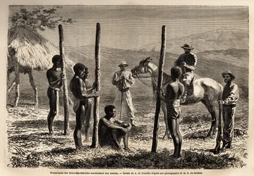 Arbeiter aus den Neuen Hebriden (oder seit 1980, die Republik Vanuatu, ein melanesischer Archipel nördlich von Neukaledonien), die ein Haus bauen, das der Autor während eines Ausritts trifft. Illustration der Reise nach Neukaledonien