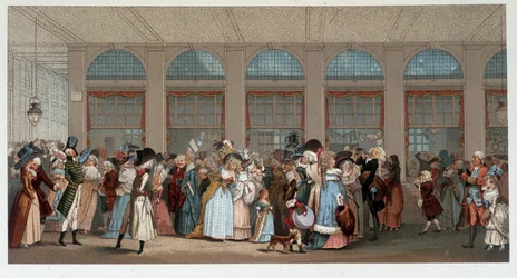 Weltspaziergang in der Holzgalerie des Palais Royal, Ende 18. Jahrhundert - Chromo nach der Gravur von Debucourt