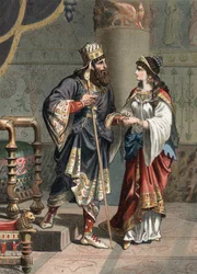 Xerxes I., Achämenidenkönig von Persien (519-465 v. Chr.) mit seiner Frau Amestris. Gravur von 1881 in „El Culto de la Hermosura“ von Juan Justo Huguet, Molinas Hermanos editores