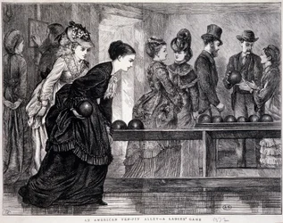 Junge Frauen spielen Bowling in den Vereinigten Staaten, um 1870 - Gravur