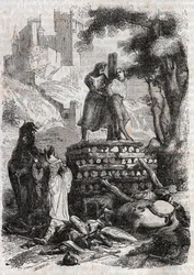 Zerbin auf dem Scheiterhaufen, befreit von Roland (Gravur von 1851 aus „Furioser Roland“)