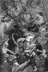 Feier der Walpurgisnacht durch Hexen auf einem Sabbat. Gravur des 19. Jahrhunderts