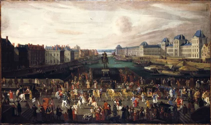 Der Pont-Neuf, gesehen vom Eingang des Place Dauphine, der Quai Malaquais mit dem im Bau befindlichen Collège des Quatre-Nations, die Grande Galerie und der Louvre, um 1665. Passage eines Zuges auf der Brücke, zwischen 1665 und 1669