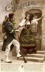 Anschluss von Elsass-Lothringen während des Ersten Weltkriegs: Französischer Soldat und elsässische Frau im Gespräch. Postkarte 1914-1918.