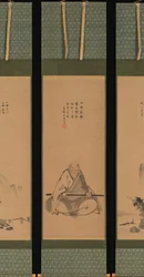 Zen-Meister mit Meditationsstab und Landschaften im chinesischen Stil, wahrscheinlich späte 1620er-1644