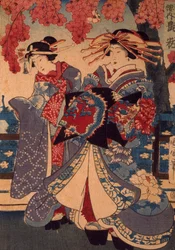 Zwei Frauen in einem Blumengarten, von Utagawa Kunisada, Holzschnitt, Crepon-Technik