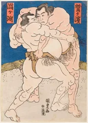 Kampf der Sumo-Ringer Uzugafuchi und Washigahama. Druck von Utagawa Kunisada (1786-1865), um 1830