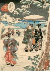 Figuren mit Sonnenschirmen im Schnee (Eine Szene aus Die Geschichte von Genji)