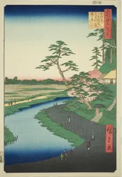 Bashos Hütte auf dem Kamelienhügel neben dem Aquädukt bei Sekiguchi (Sekiguchi josui-bata Bashoan Tsubakiyama), aus der Serie "Hundert Berühmte Ansichten von Edo (Meisho Edo hyakkei)"