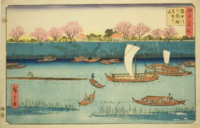 Kirschbäume entlang des Sumida-Flussufers am Mimeguri Inari-Schrein (Sumidagawa Mimeguri Inari tsutsumi no hana), aus der Serie "Berühmte Orte in Edo (Edo meisho)"