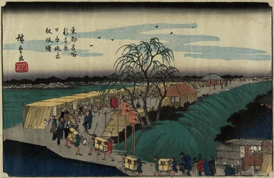 Morgendämmerung am Emonzaka-Hügel in Nihon-zutsumi Bank, Shin-Yoshiwara, ca. 1830