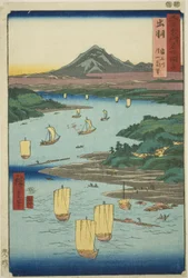 Provinz Dewa: Mogami-Fluss und ein ferner Blick auf den Berg Gassan (Dewa, Mogamigawa, Gassan enbo), aus der Serie "Berühmte Orte in den sechzig Provinzen (Rokujuyoshu meisho zue)"