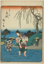 Fujieda, aus der Serie "Dreiundfünfzig Stationen [des Tokaido] (Gojusan tsugi)," auch bekannt als die Figuren-Tokaido (Jinbutsu Tokaido)