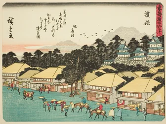 Hamamatsu, aus der Serie "Dreiundfünfzig Stationen des Tokaido (Tokaido gojusan tsugi)", auch bekannt als der Tokaido mit Gedicht (Kyoka iri Tokaido)