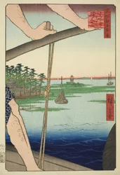 Haneda-Fähre und Benten-Schrein (Haneda no watashi Benten no yashiro), aus der Serie "Hundert berühmte Ansichten von Edo (Meisho Edo hyakkei)"