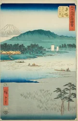 Hiratsuka: Fähre auf dem Banyu-Fluss und Fernsicht auf den Berg Oyama, Nr. 8 aus der Serie "Berühmte Ansichten der dreiundfünfzig Stationen"