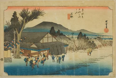 Ishibe: Megawa-Dorf (Ishibe, Megawa no sato), aus der Serie "Dreiundfünfzig Stationen des Tokaido (Tokaido gojusan tsugi no uchi)", auch bekannt als der Hoeido Tokaido
