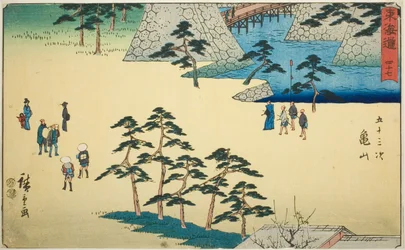 Kameyama—Nr. 47, aus der Serie "Dreiundfünfzig Stationen des Tokaido (Tokaido gojusan tsugi)," auch bekannt als Reisho Tokaido