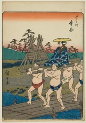 Kanaya, aus der Serie "Dreiundfünfzig Stationen [des Tokaido] (Gojusan tsugi)," auch bekannt als die Figuren-Tokaido (Jinbutsu Tokaido)