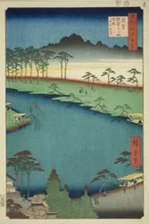 Kumano Junisha-Schrein in Tsunohazu, allgemein bekannt als Juniso, aus der Serie "Hundert berühmte Ansichten von Edo"