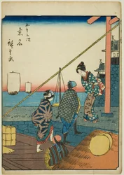 Kuwana, aus der Serie "Dreiundfünfzig Stationen [des Tokaido] (Gojusan tsugi)," auch bekannt als der Figuren-Tokaido (Jinbutsu Tokaido)