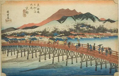 Kyoto: Die große Brücke bei Sanjo (Keishi, Sanjo ohashi), aus der Serie "Dreiundfünfzig Stationen des Tokaido (Tokaido gojusan tsugi no uchi)", auch bekannt als der Hoeido Tokaido