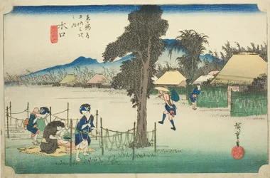 Minakuchi: Getrocknete Kürbisschnitzel, eine lokale Spezialität (Minakuchi, meibutsu kanpyo), aus der Serie "Dreiundfünfzig Stationen des Tokaido (Tokaido gojusan tsugi no uchi)," auch bekannt als der Hoeido Tokaido