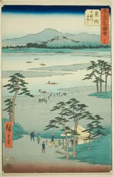 Mitsuke: Fähre auf dem Tenryu-Fluss (Mitsuke, Tenryugawa funewatashi), Nr. 29 aus der Serie Berühmte Ansichten der dreiundfünfzig Stationen (Gojusan tsugi meisho zue), auch bekannt als der Vertikale Tokaido