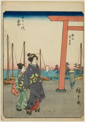 Miya, aus der Serie "Dreiundfünfzig Stationen [des Tokaido] (Gojusan tsugi)," auch bekannt als die Figuren-Tokaido (Jinbutsu Tokaido)