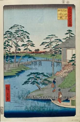 Mokuboji-Tempel und Gemüsefelder am Uchigawa-Inlet, Hundert berühmte Ansichten von Edo, 1856-1858