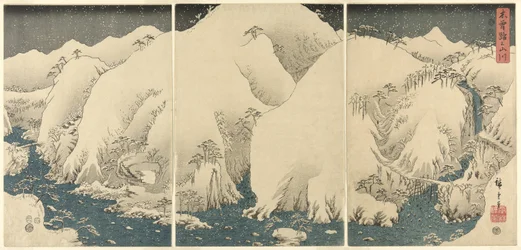 Berge und Flüsse auf der Kiso-Straße (Kisoji no yamakawa), aus einer unbetitelten Serie von Triptychen