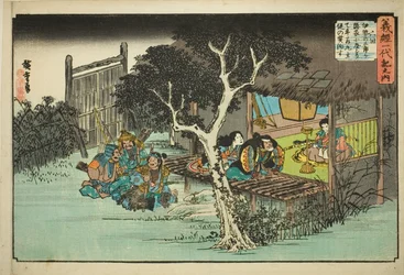 Nr. 6: Ise no Saburo schwört Ushiwakamaru die Treue (Rokukai, Ise no Saburo ga kakurega ni yadorite Ushiwakamaru shuju o yakusu), aus der Serie "Das Leben von Yoshitsune (Yoshitsune Ichidaiki no uchi)"