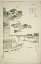 Kiefer des Erfolgs und Oumayagashi, Asakusa-Fluss (Asakusagawa shubi no matsu Oumayagashi), aus der Serie "Hundert berühmte Ansichten von Edo (Meisho Edo hyakkei)"