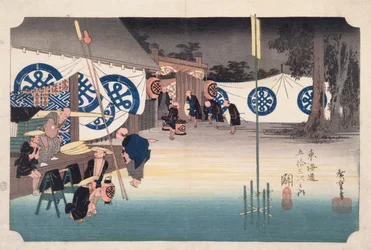 Seki, Frühe Abreise aus dem Daimyos Gasthaus, aus Dreiundfünfzig Stationen auf der Tokaido-Straße, ca. 1834