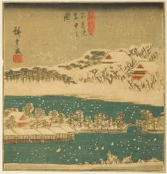 Shinobazu-Teich im Schneefall, Abschnitt eines Blattes aus der Serie "Berühmte Ansichten der östlichen Hauptstadt (Toto meisho)"
