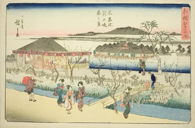 Frühlingsansicht des neuen Damms am Shinobazu-Teich, aus der Serie 