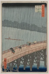 Plötzlicher Regenschauer über der Shin-Ōhashi-Brücke und Atake, aus der Serie Einhundert berühmte Ansichten von Edo
